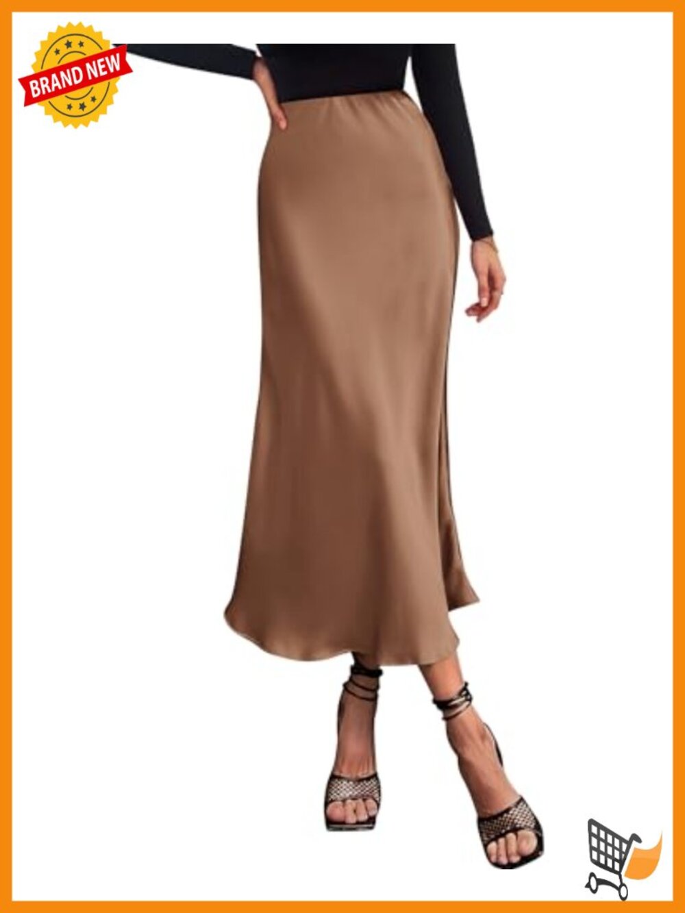 Women's Satin A-Line Midi Skirt High Waisted Ruffle Hem Elastic Waist